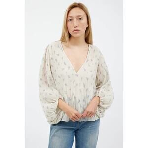 GANNI Floral Plissé Pleated Georgette V-Neck Balloon Sleeve Blouse Egret Sz 34